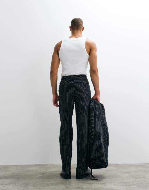 ASOS DESIGN wide linen rich suit pants with elastic waist in navy pinstripe, 3 of 5