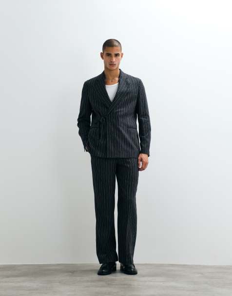 ASOS DESIGN wide linen rich suit trouser with elasticated waist in navy pinstripe - view 1