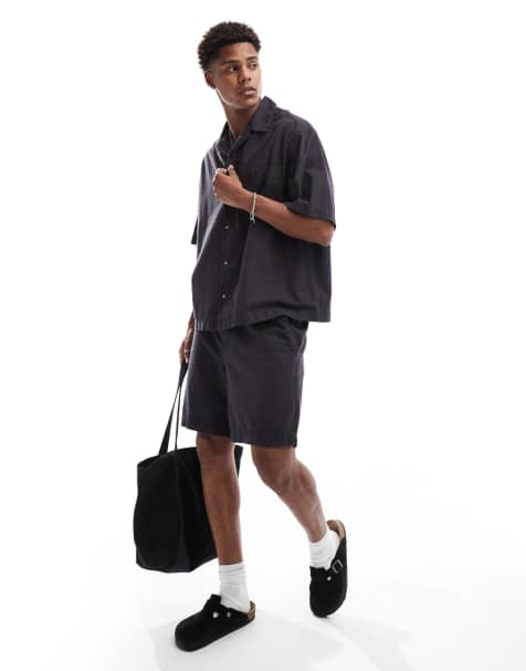 ASOS DESIGN wide linen shorts in washed black - part of a set - view 1