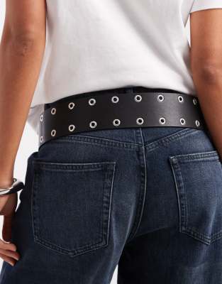 Asos Design Wide Low Waist Belt With Grommet Detailing In Black