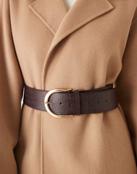 ASOS DESIGN wide low waisted belt in chocolate croc with gold hardware - view 1