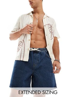 ASOS DESIGN wide mid length denim shorts with elasticated waist in  indigo