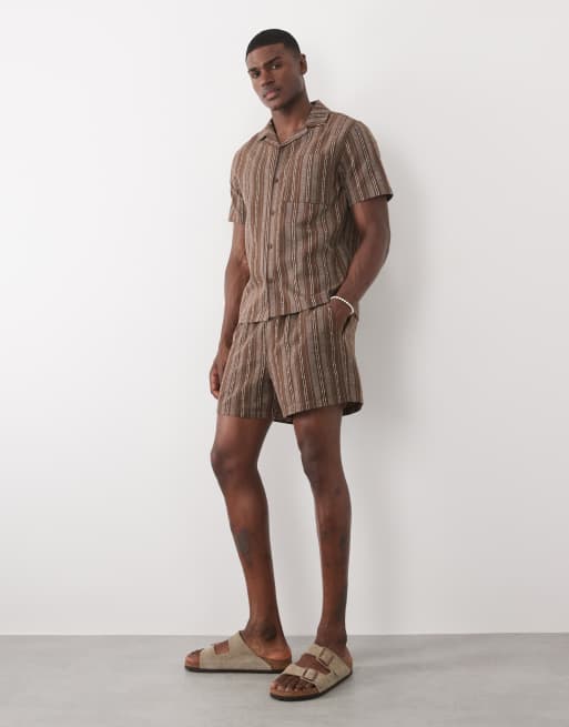 ASOS DESIGN wide mid length elasticated shorts in brown stripe (part of a set), 2 of 9