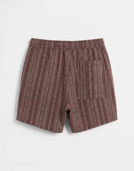 ASOS DESIGN wide mid length elasticated shorts in brown stripe (part of a set), 7 of 9