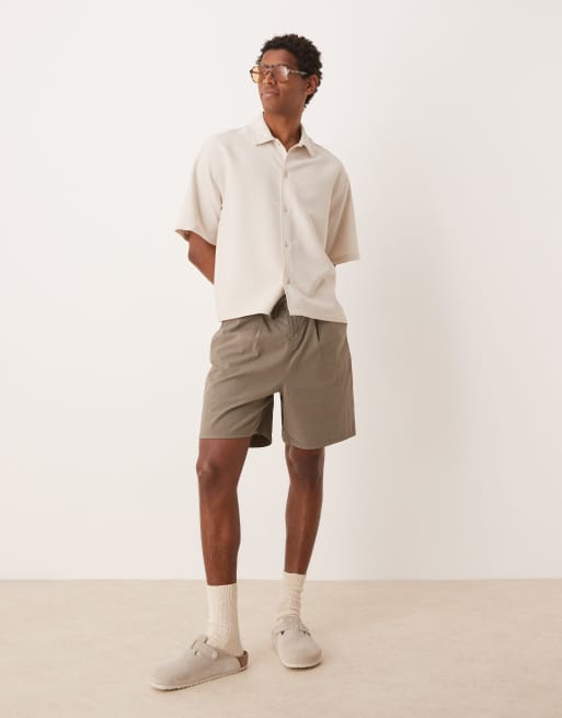 ASOS DESIGN wide mid length pleated linen blend shorts with drawstring in khaki