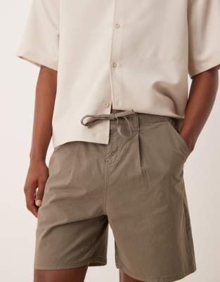 Asos Design Wide Mid Length Pleated Linen Blend Shorts With Drawstring