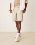 [ASOS DESIGN] ASOS DESIGN wide mid length shorts with front tie in stone-Grey W36 STONE