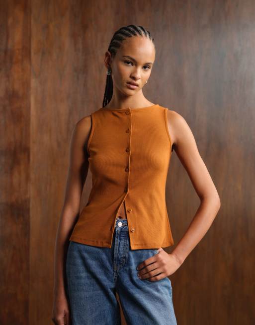 ASOS DESIGN wide neck button through tank top in almond