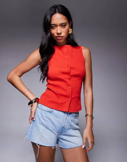 ASOS DESIGN wide neck button through tank top in red