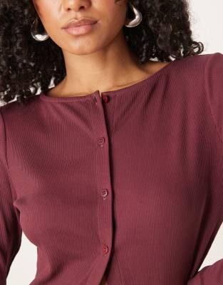 Asos Design Wide Neck Button Up Long Sleeve Top-red In Burgundy