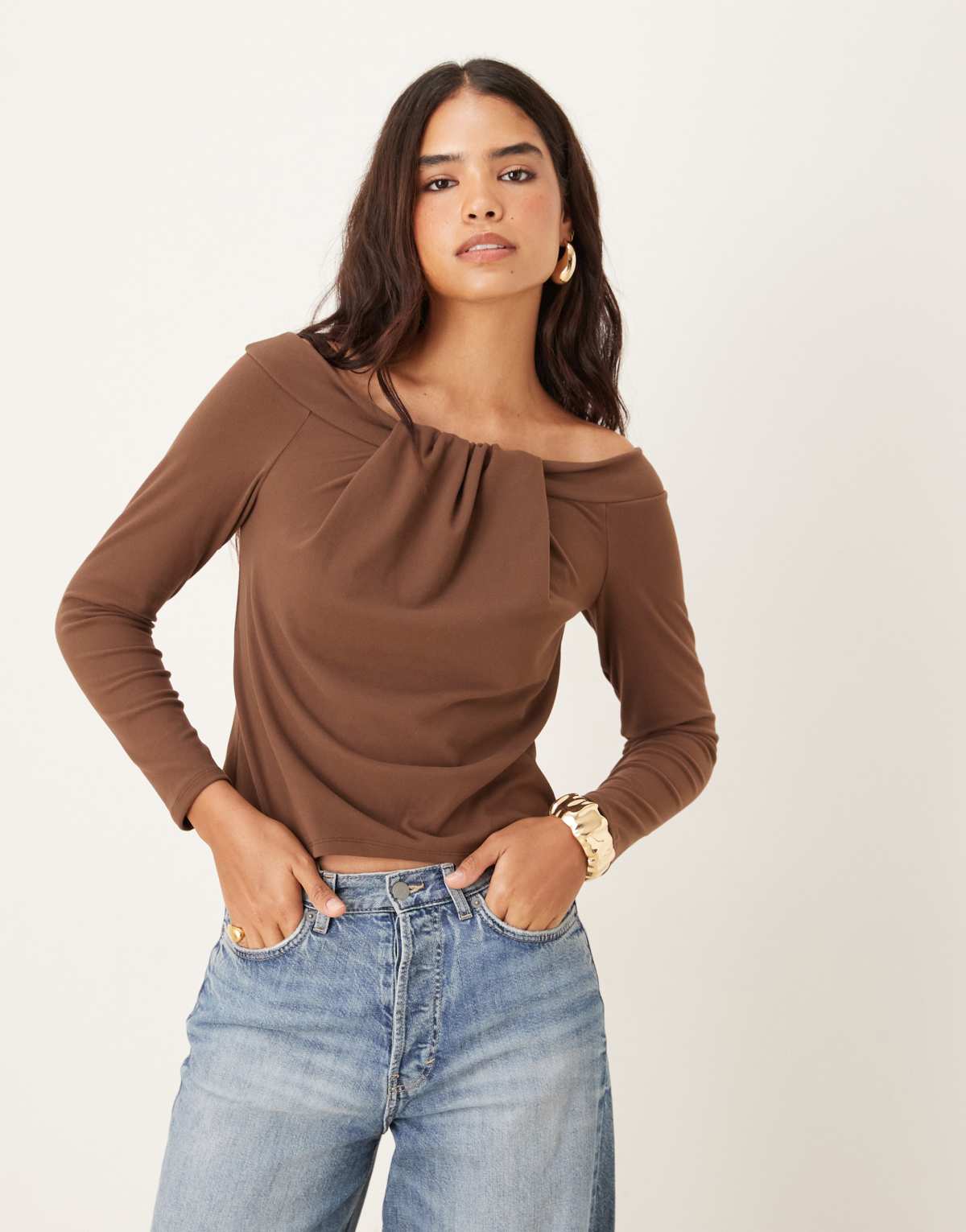 ASOS DESIGN wide neck long sleeve brushed fine rib top in chocolate