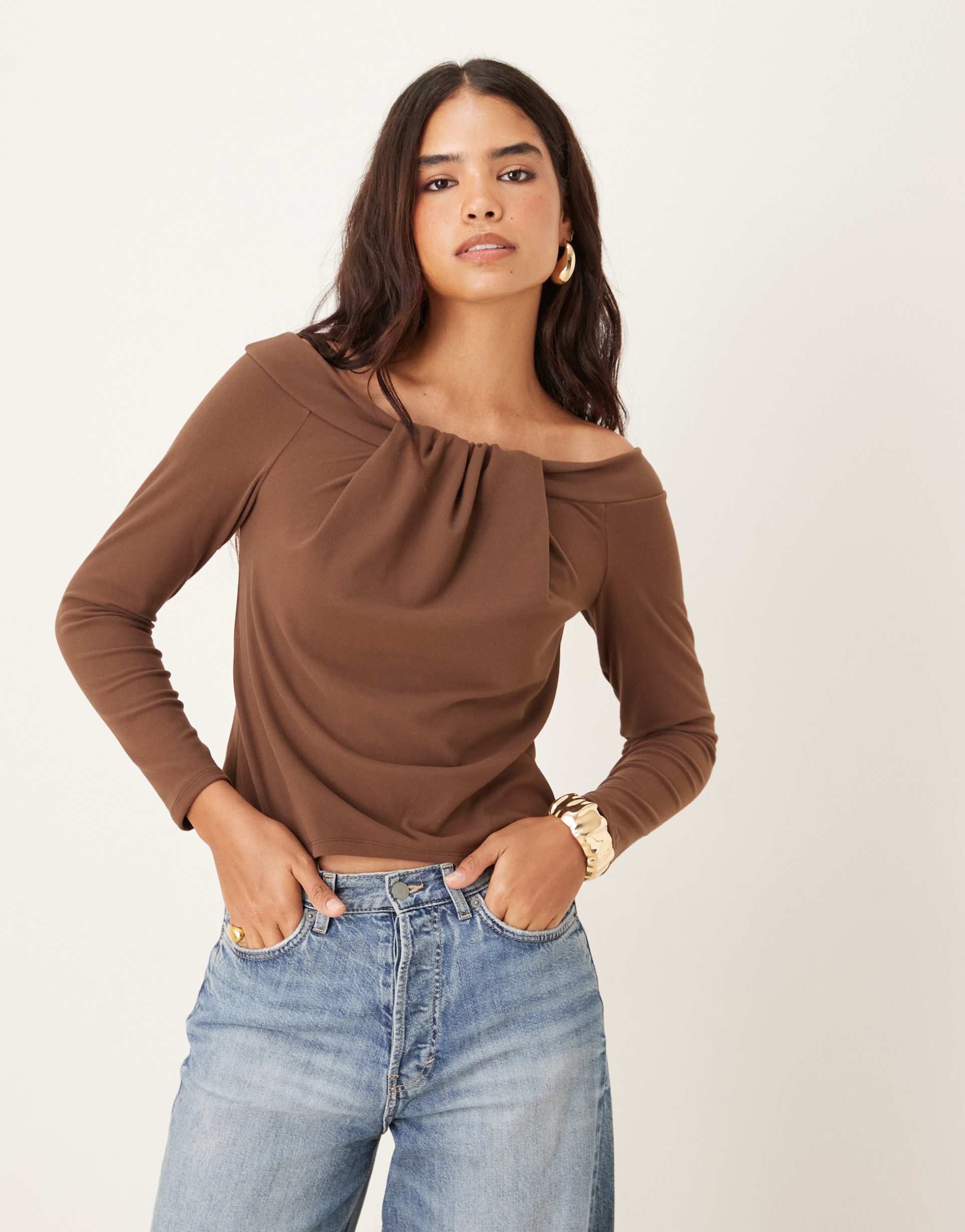 asos design wide neck long sleeve brushed fine rib top in chocolate