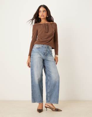 Asos Design Wide Neck Long Sleeve Brushed Fine Rib Top In Brown