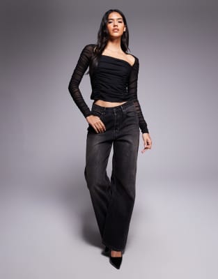 Asos Design Wide Neck Mesh Ruched Top In Black