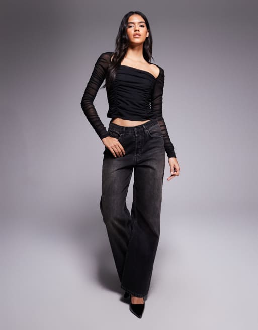 ASOS DESIGN wide neck mesh ruched top in black, 2 of 4