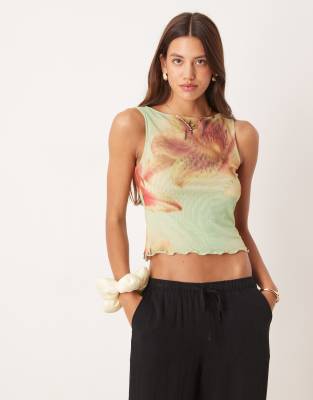 ASOS DESIGN wide neck mesh tank top in green floral - view 1