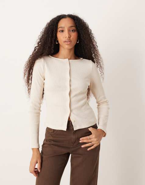 ASOS DESIGN wide neck rib cardigan in oatmeal - view 1