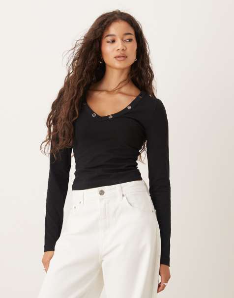 ASOS DESIGN wide neck rib short sleeve top with stud detail in black - view 1
