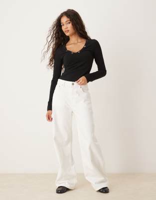 Asos Design Wide Neck Rib Short Sleeve Top With Stud Detail In Black