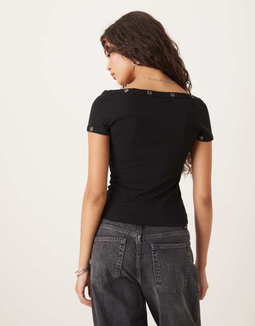 ASOS DESIGN wide neck rib short sleeve top with stud detail in black, 2 of 4
