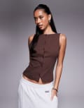 [ASOS DESIGN] ASOS DESIGN wide neck ribbed button-through tank top in brown M Brown