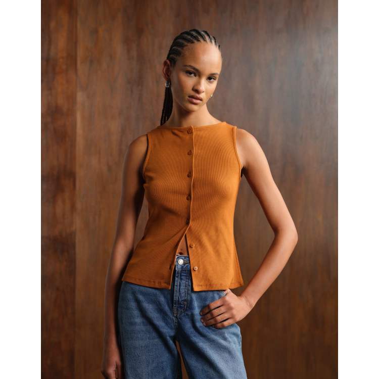 ASOS DESIGN wide neck ribbed button through tank top in