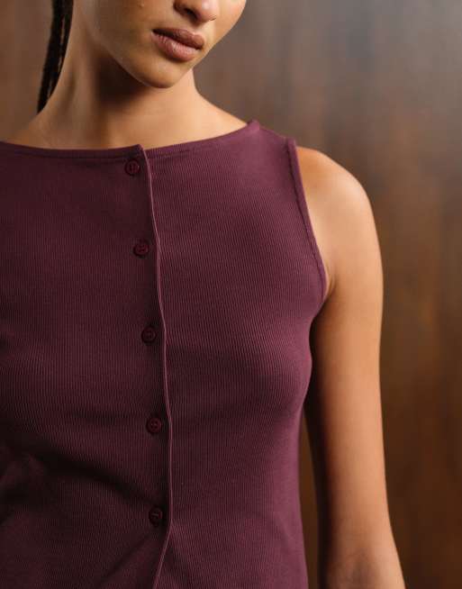 ASOS DESIGN wide neck ribbed button through tank top in plum, 3 of 4