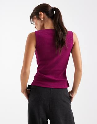 Asos Design Wide Neck Ribbed Button Through Tank Top In Purple