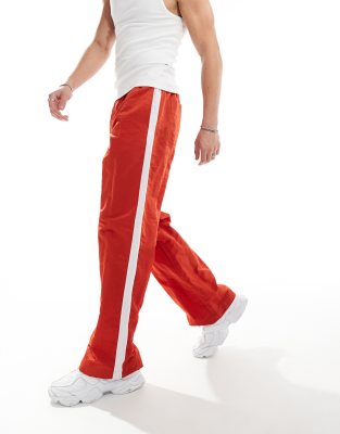 Asos Design Wide Nylon Pants In Red With White Side Panel