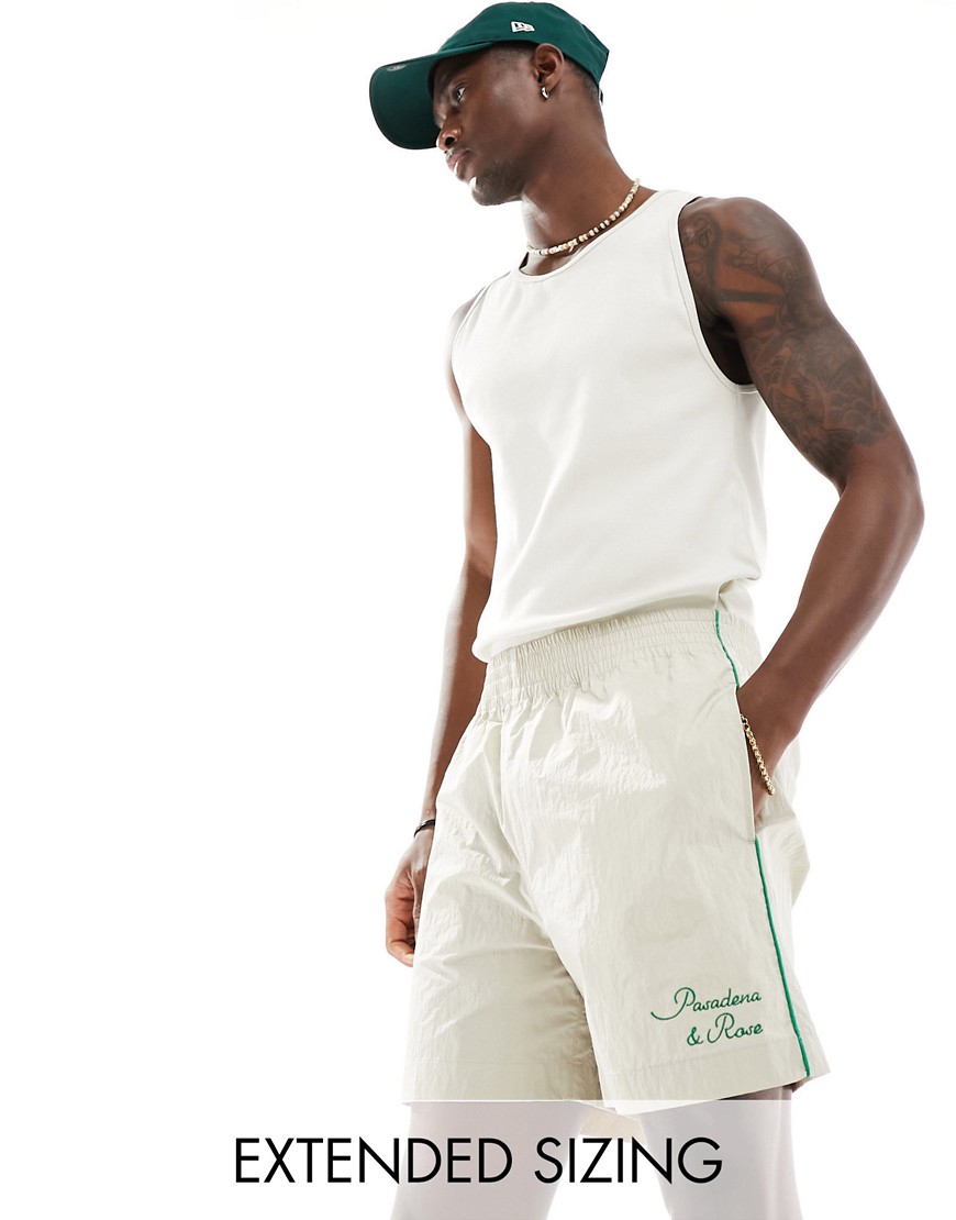 Asos Design Wide Nylon Shorts In Ecru With Green Piping-neutral