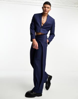 Asos Design Wide Panel Belt Suit Pants In Navy