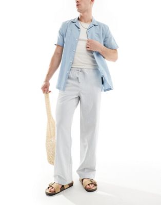 Asos Design Wide Pants In Blue And White Seersucker Stripe With Elastic Waist-multi