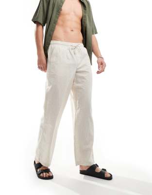 Asos Design Wide Pants In White Linen Mix Seersucker Stripe-multi