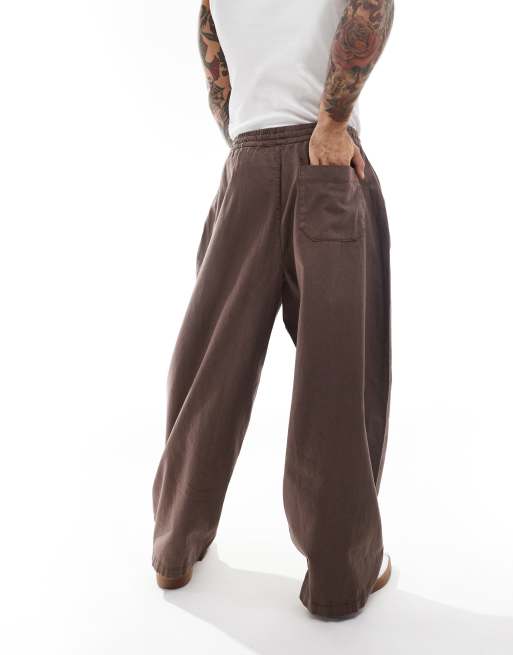 ASOS DESIGN wide parachute linen mix pants in washed brown with elastic waist, 3 of 5