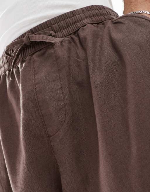 ASOS DESIGN wide parachute linen mix pants in washed brown with elastic waist, 5 of 5
