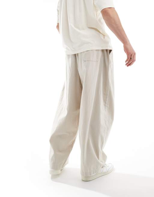 ASOS DESIGN wide parachute linen pants in washed stone with elastic waist, 3 of 5