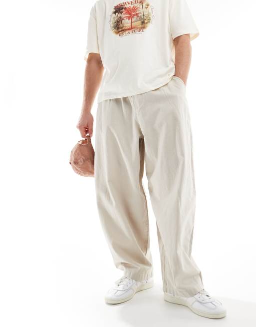 ASOS DESIGN wide parachute linen trouser in washed stone with elasticated waist, 4 of 5