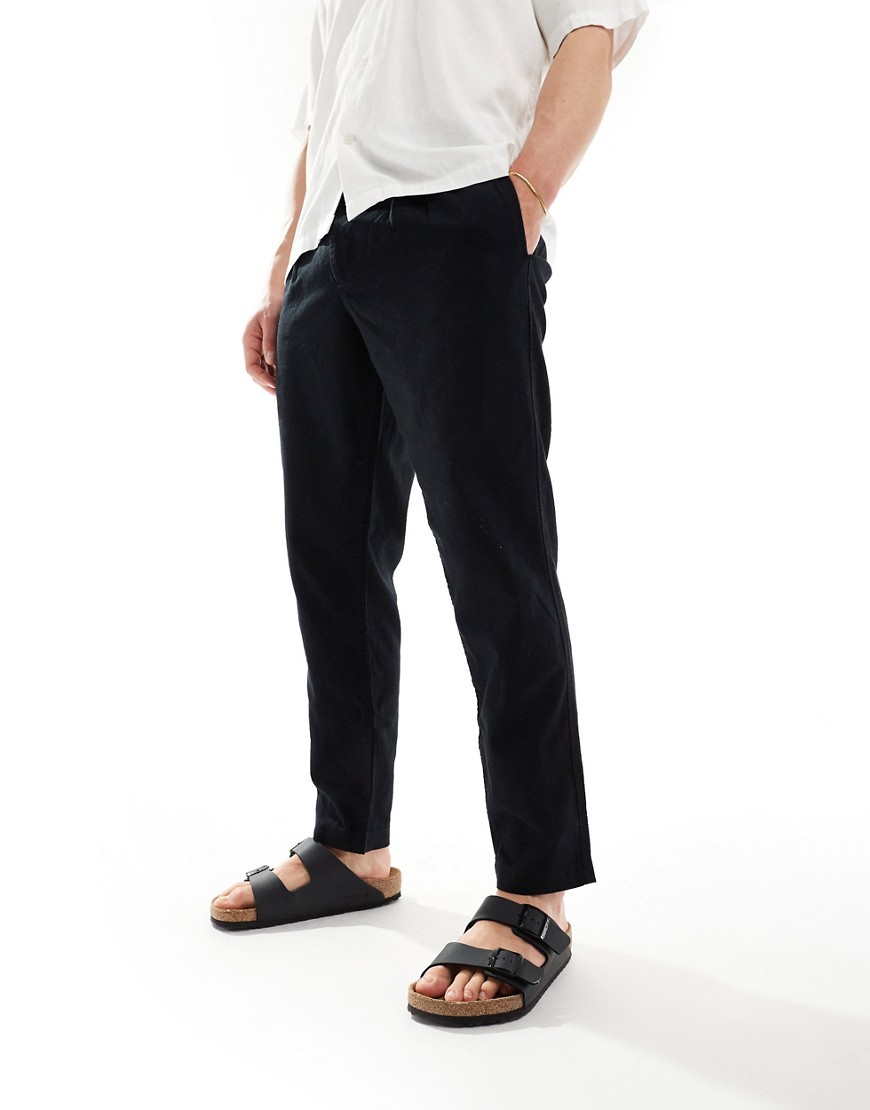 Asos Design Wide Pleated Linen Chino Pants In Black