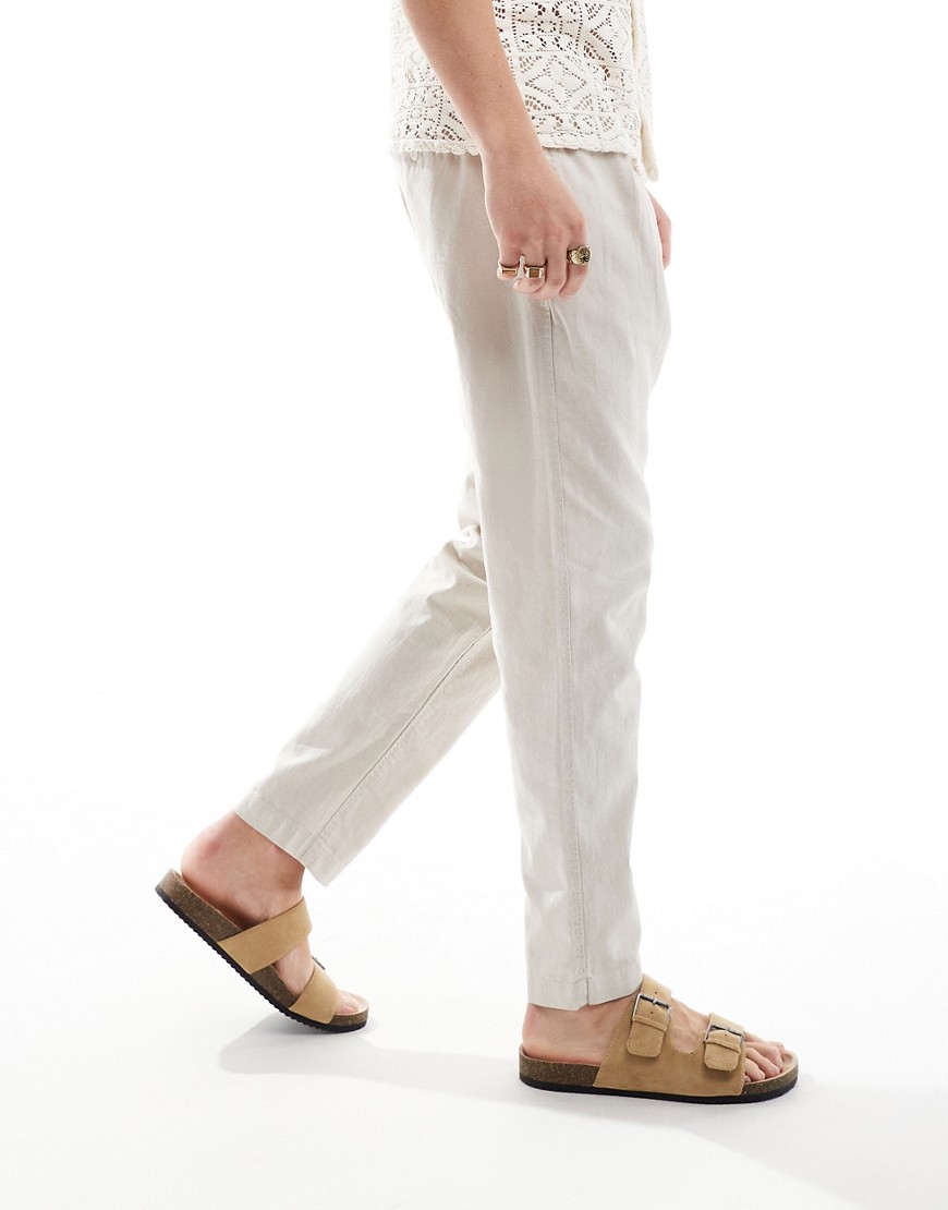 Asos Design Wide Pleated Linen Mix Chino Pants In Stone-green In White