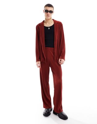 Asos Design Wide Plisse Suit Pants In Red-brown