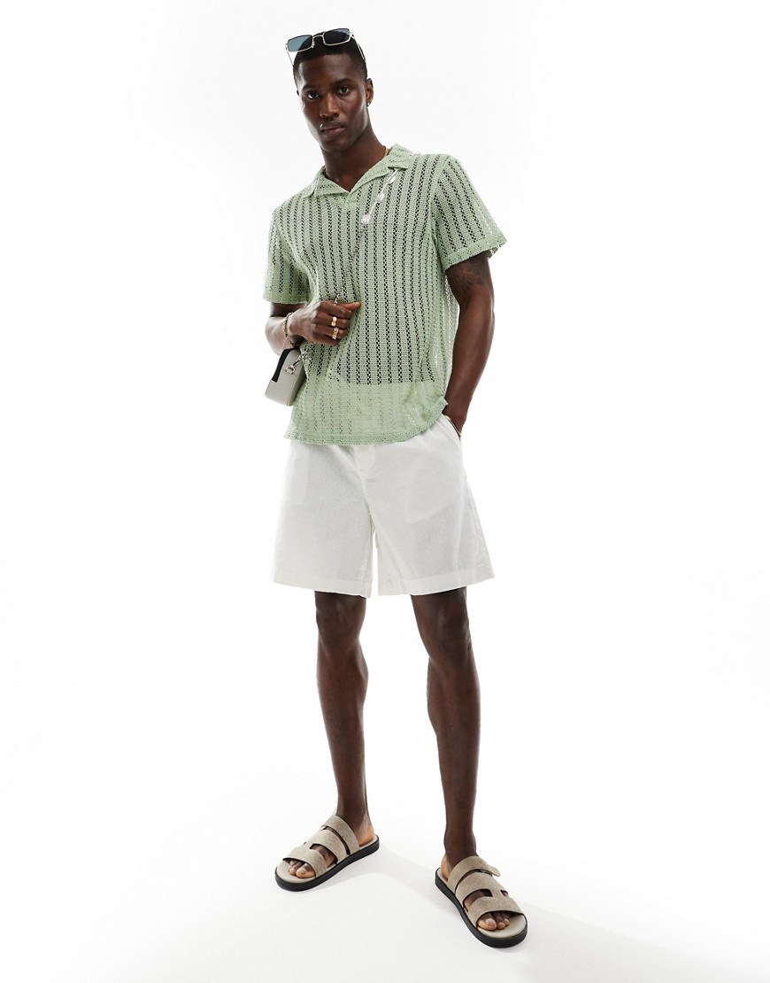 Asos Design Wide Regular Length Linen Shorts With Elastic Waist In White