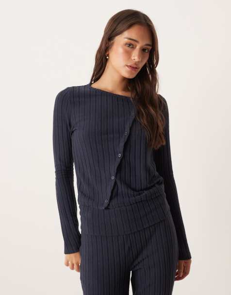 ASOS DESIGN wide rib asymmetrical cardigan in navy - view 1