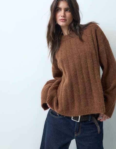 ASOS DESIGN wide rib boxy crew jumper in brown - view 1