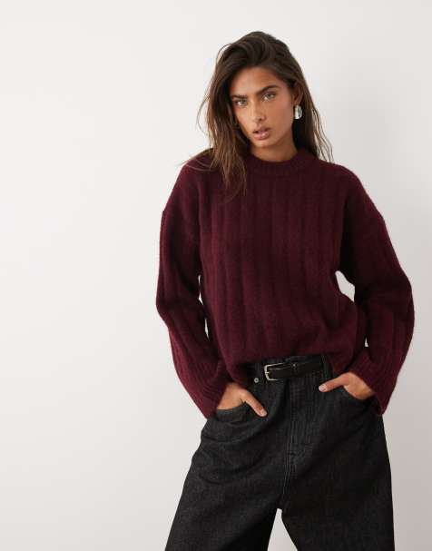 ASOS DESIGN wide rib boxy crew jumper in burgundy - view 1