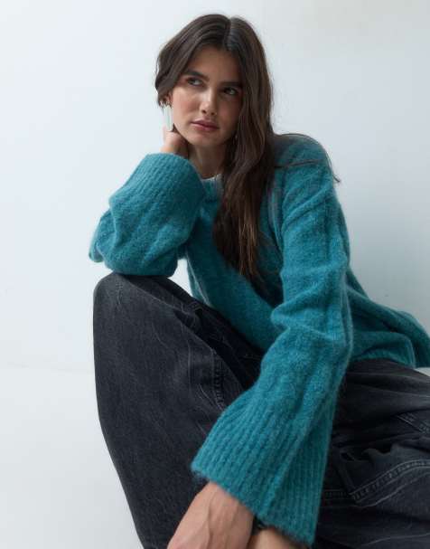 ASOS DESIGN wide rib boxy crew jumper in teal - view 1