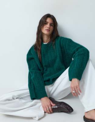 Asos Design Wide Rib Boxy Crew Neck Sweater In Green