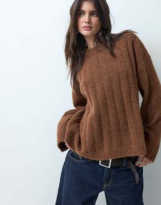 Asos Design Wide Rib Boxy Crew Neck Sweater In Brown