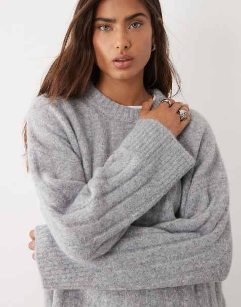 ASOS DESIGN wide rib boxy crew neck sweater in mid gray - view 1