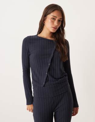 Asos Design Wide Rib Knit Asymmetric Cardigan In Blue