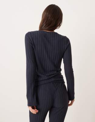 Asos Design Wide Rib Knit Asymmetric Cardigan In Blue